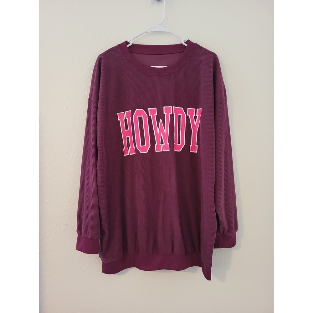 Womens Purple Corduroy Howdy Graphic Oversized Pullover‎ Sweatshirt XL Purple